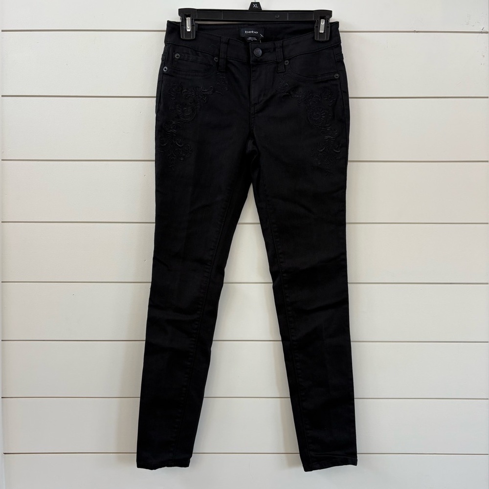 Bebe Black Denim Pants with Floral Stitch Design